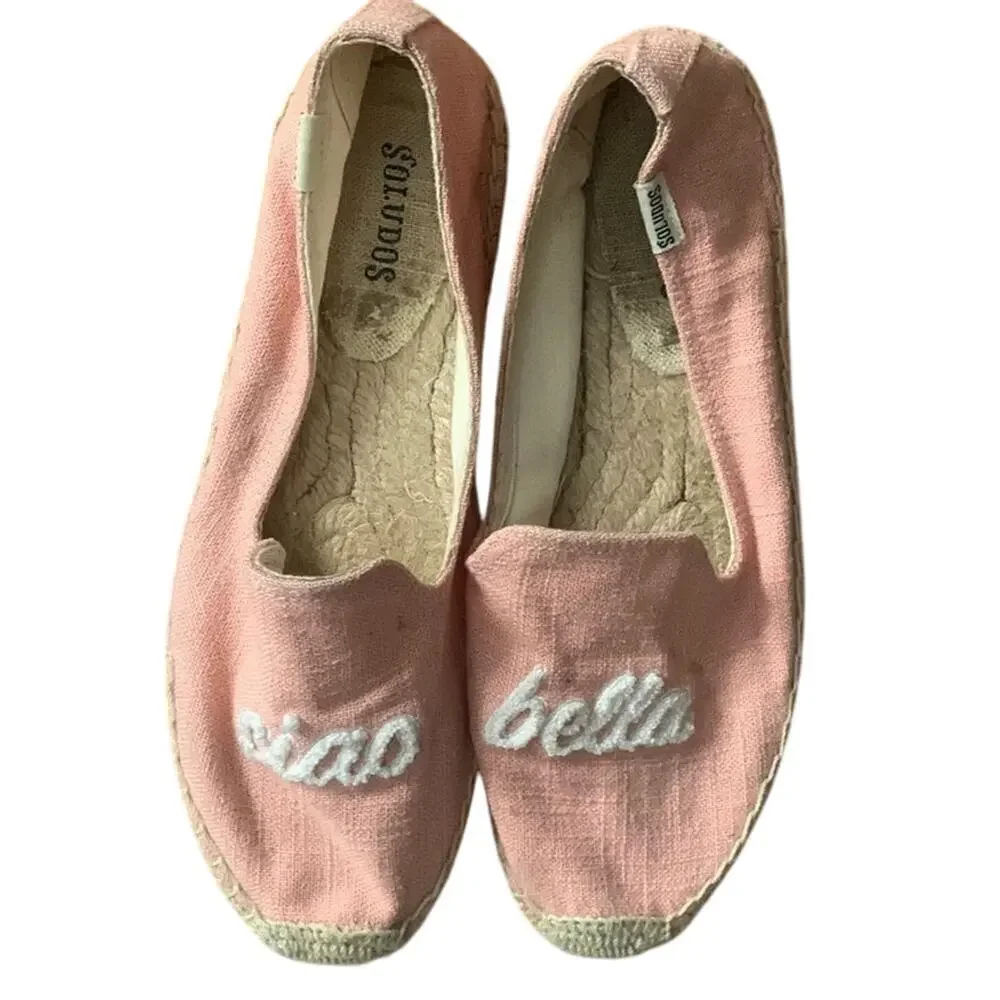 Anthropologie Soludos Ciao Bella Espadrilles Woven Platform Pink White Size 7.5
